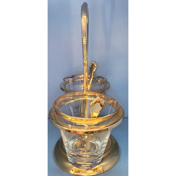 Vintage Mid-Century Gold Tone 2 Condiment Server Carousel With Spoons MCM - Picture 3 of 9